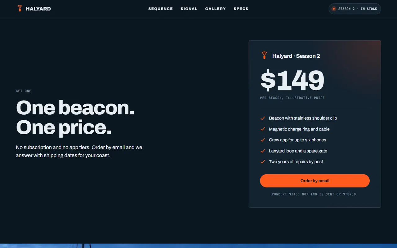 Screenshot of the Get one section of the Halyard site