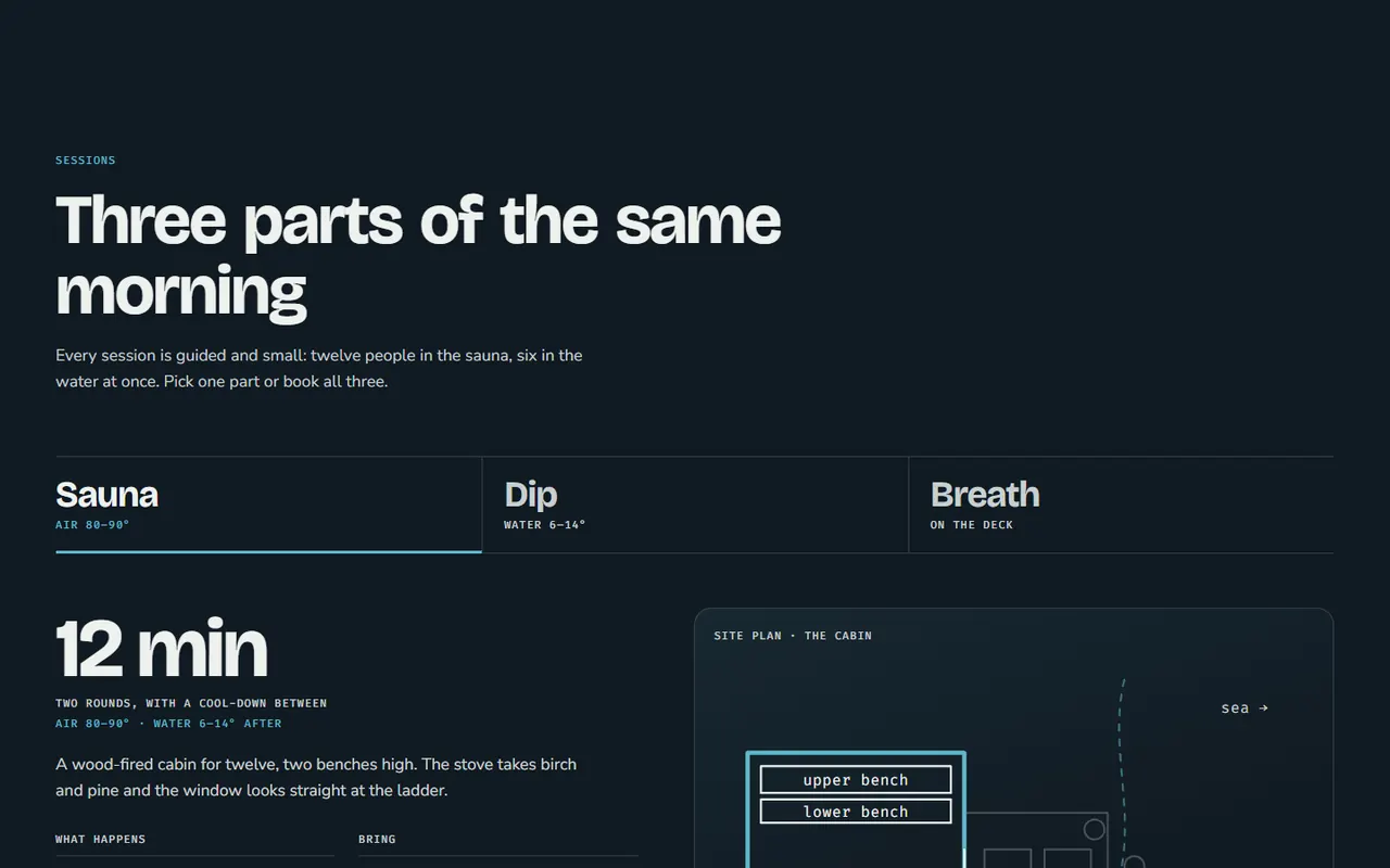 Screenshot of the Sessions section of the Brine site