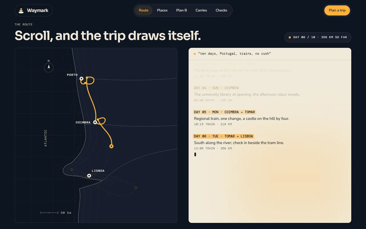 Screenshot of the The route section of the Waymark site