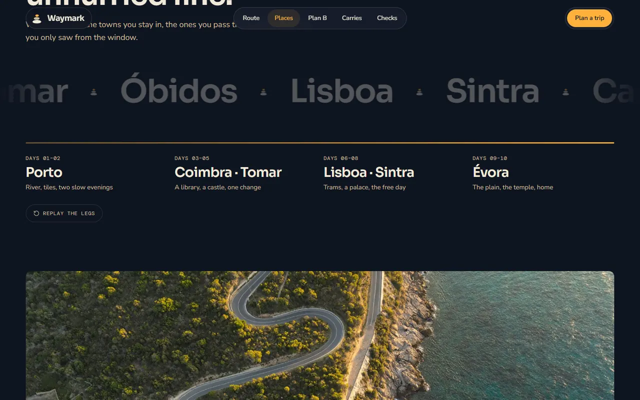 Screenshot of the Places section of the Waymark site