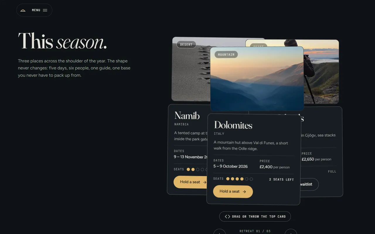 Screenshot of the Retreats section of the Fieldlight site