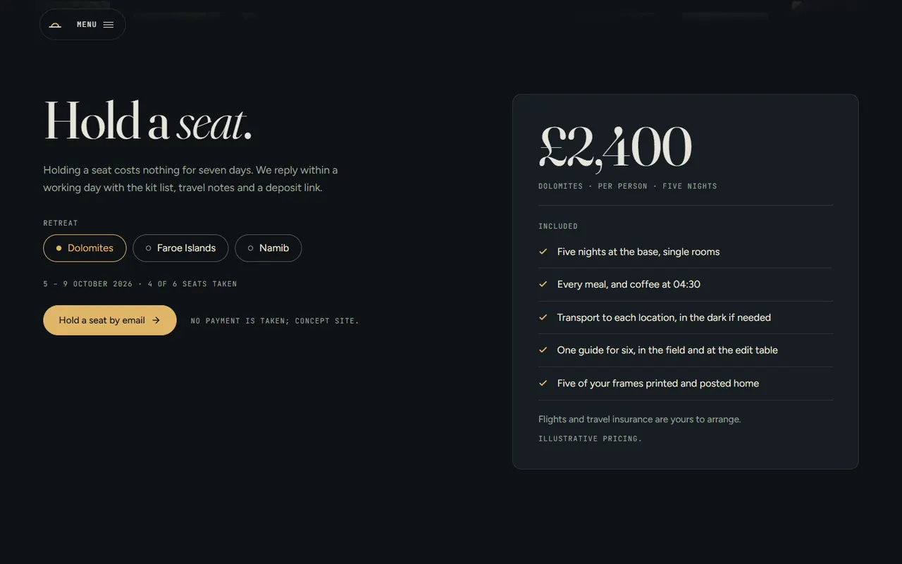Screenshot of the Book section of the Fieldlight site