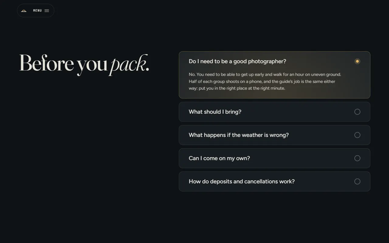 Screenshot of the FAQ section of the Fieldlight site