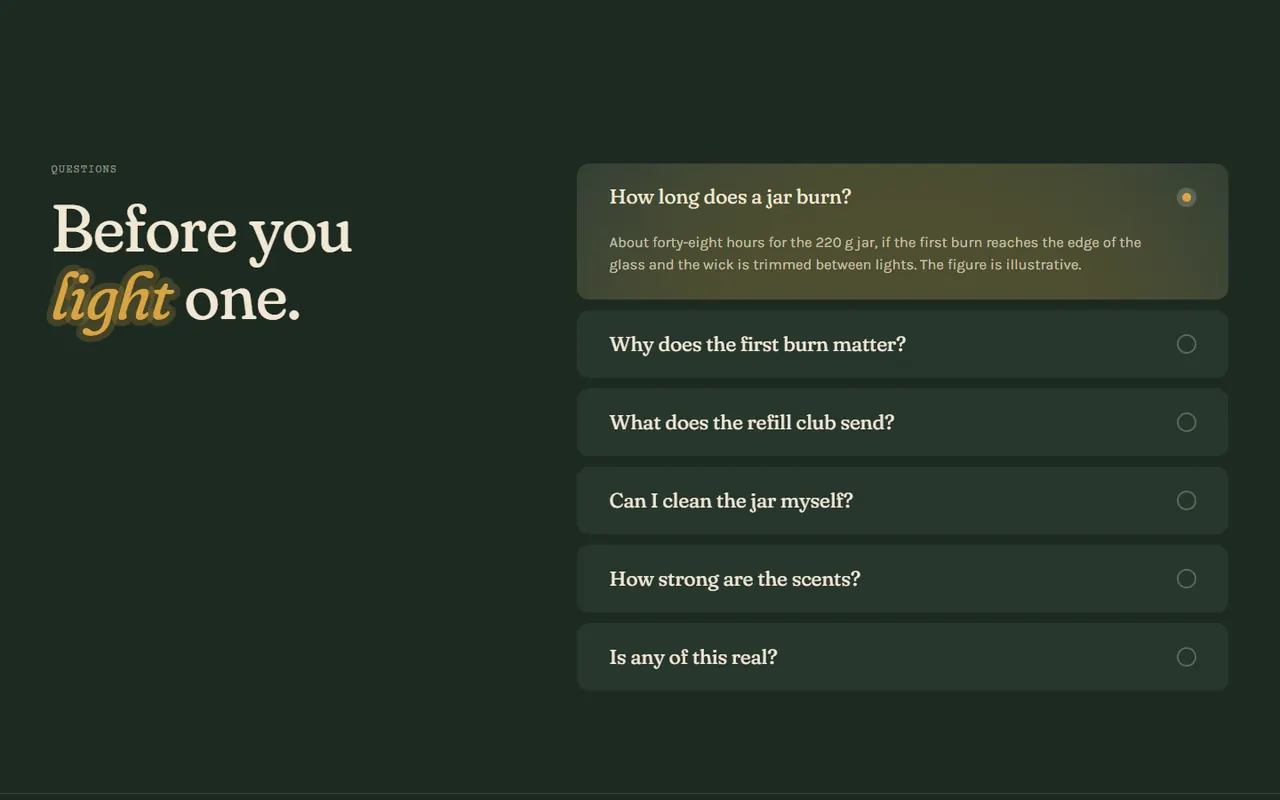 Screenshot of the Questions section of the Tallow site