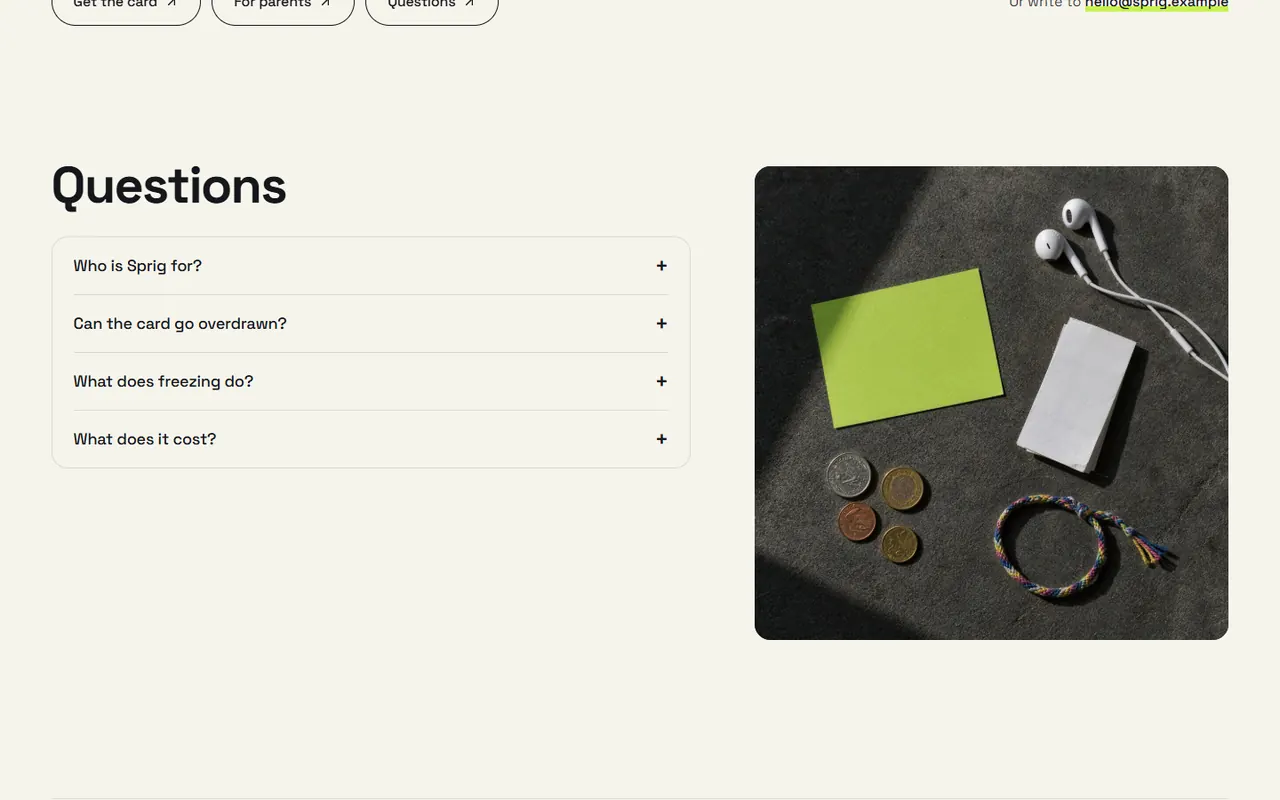 Screenshot of the FAQ section of the Sprig site