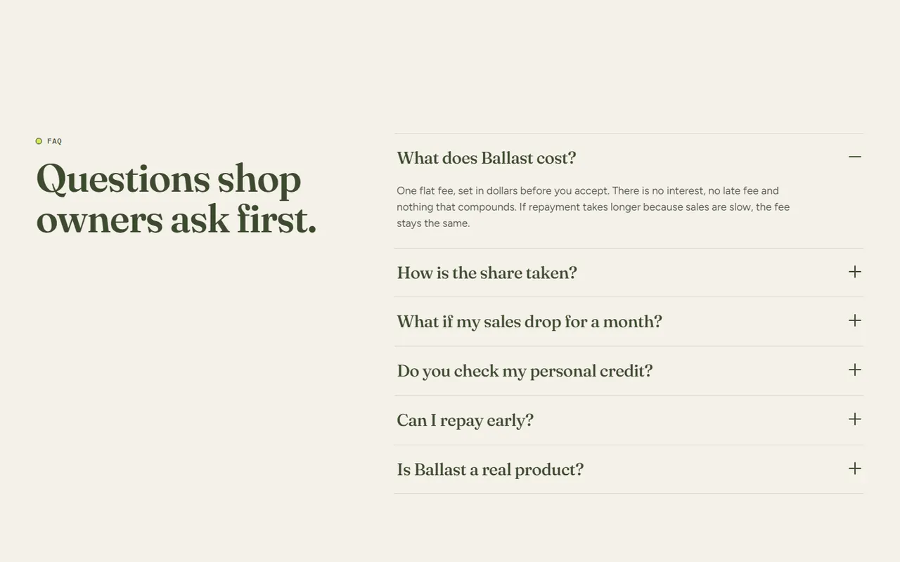Screenshot of the FAQ section of the Ballast site