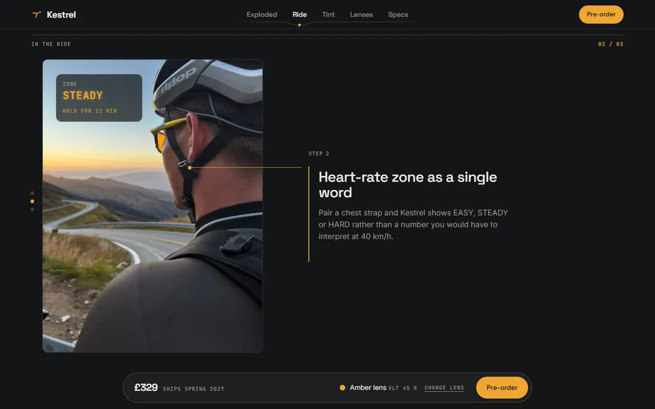 Screenshot of the In the ride section of the Kestrel site