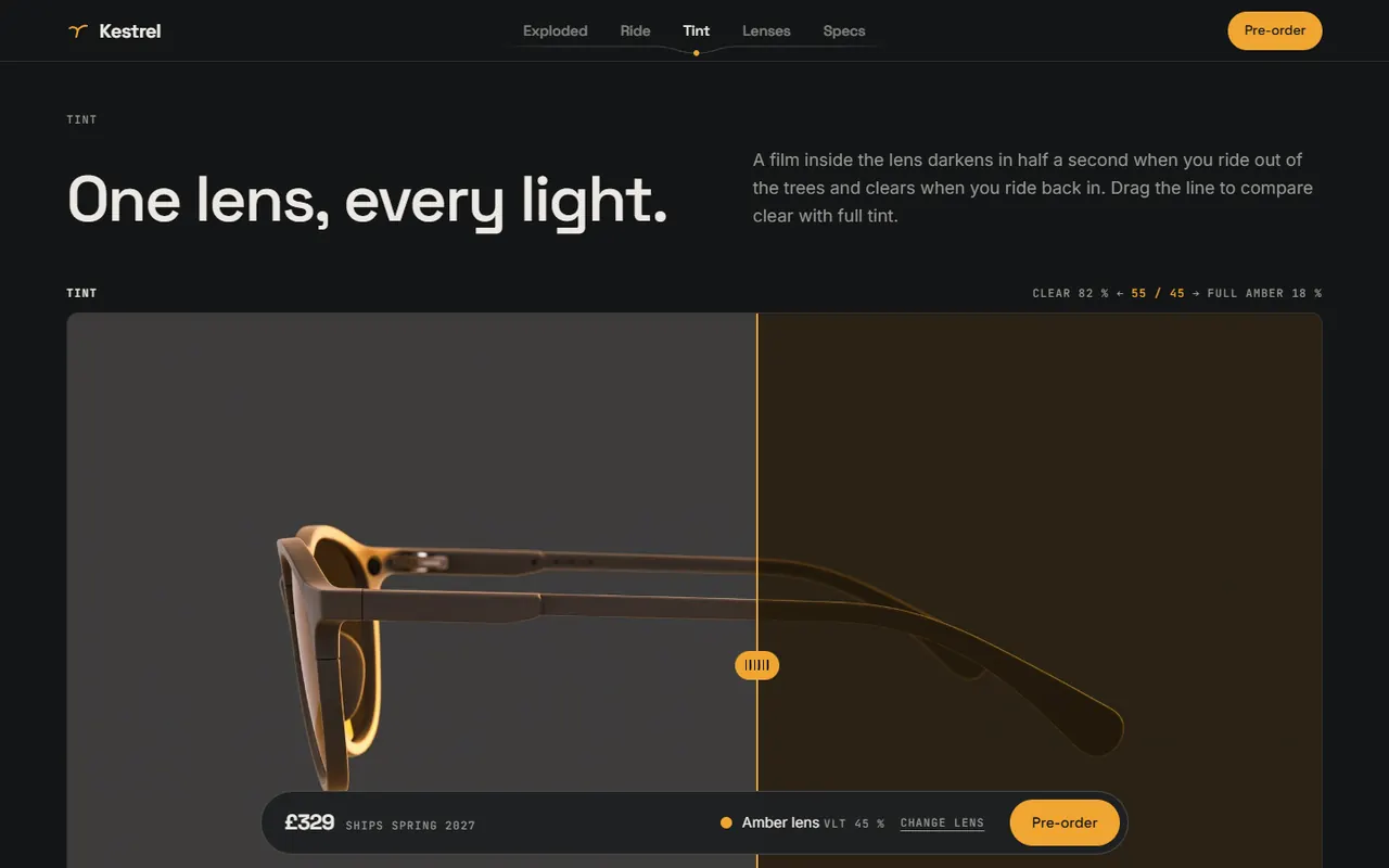 Screenshot of the Tint section of the Kestrel site