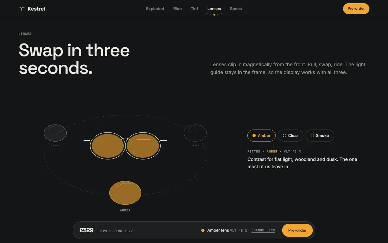 Screenshot of the Lenses section of the Kestrel site