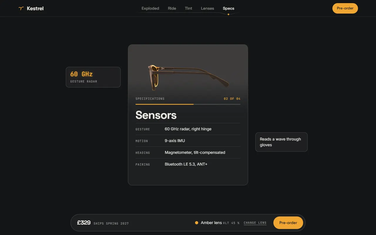 Screenshot of the Specifications section of the Kestrel site