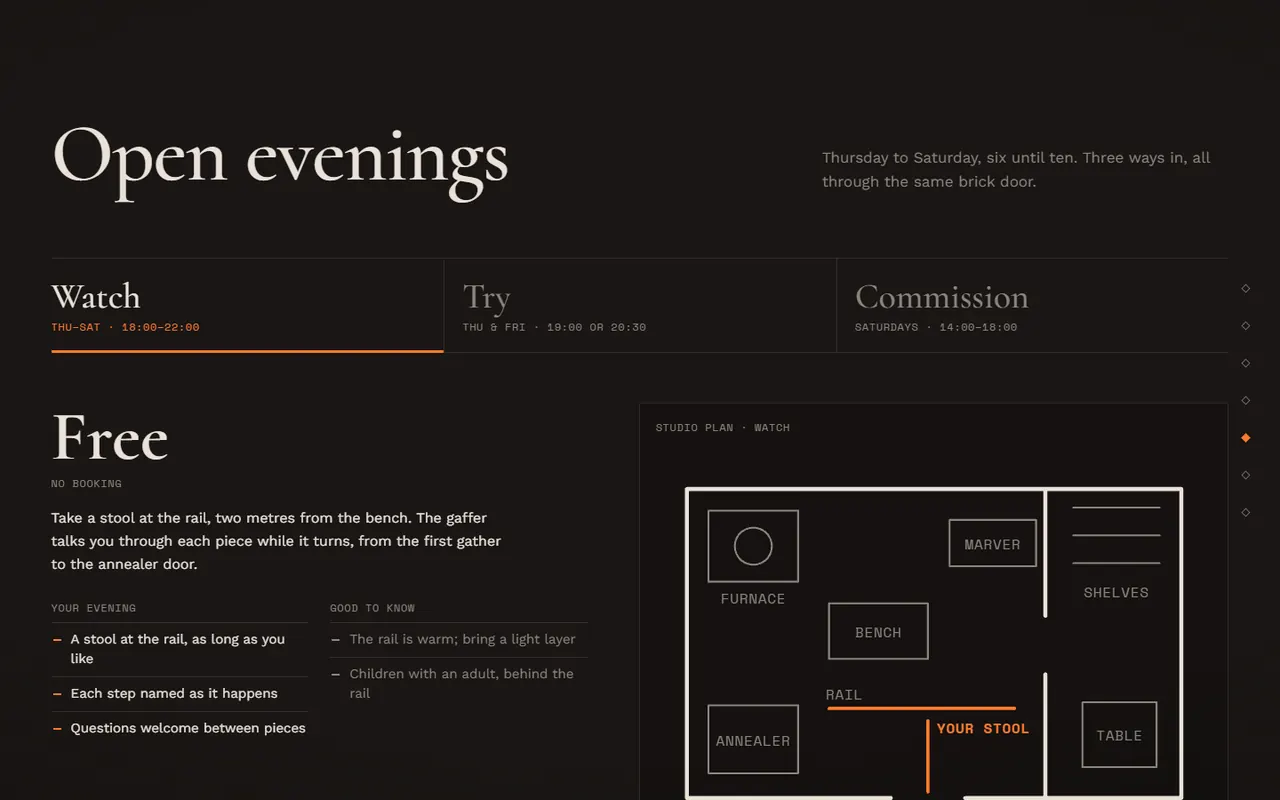 Screenshot of the Open evenings section of the Cinder site