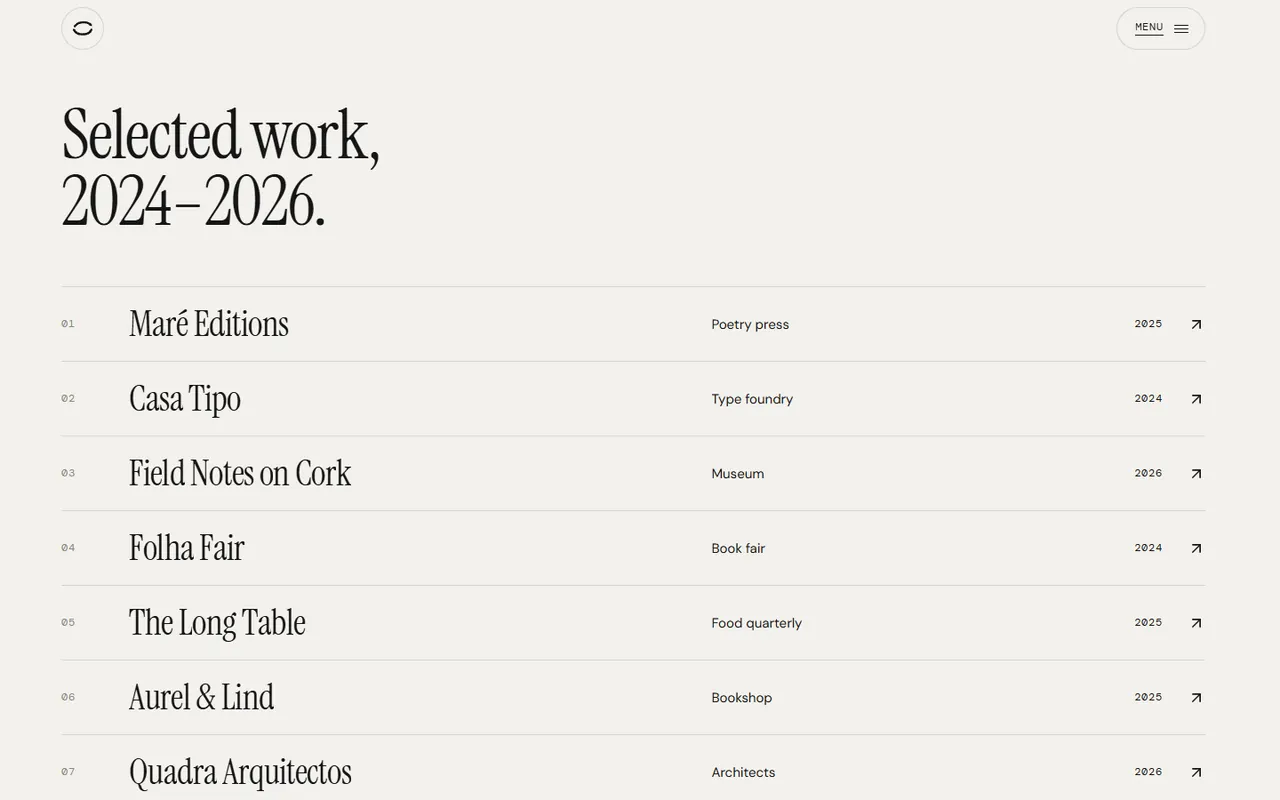 Screenshot of the Work list section of the Ostra site