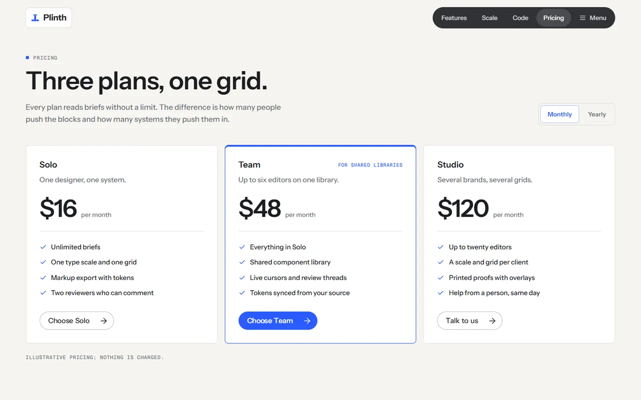 Screenshot of the Pricing section of the Plinth site