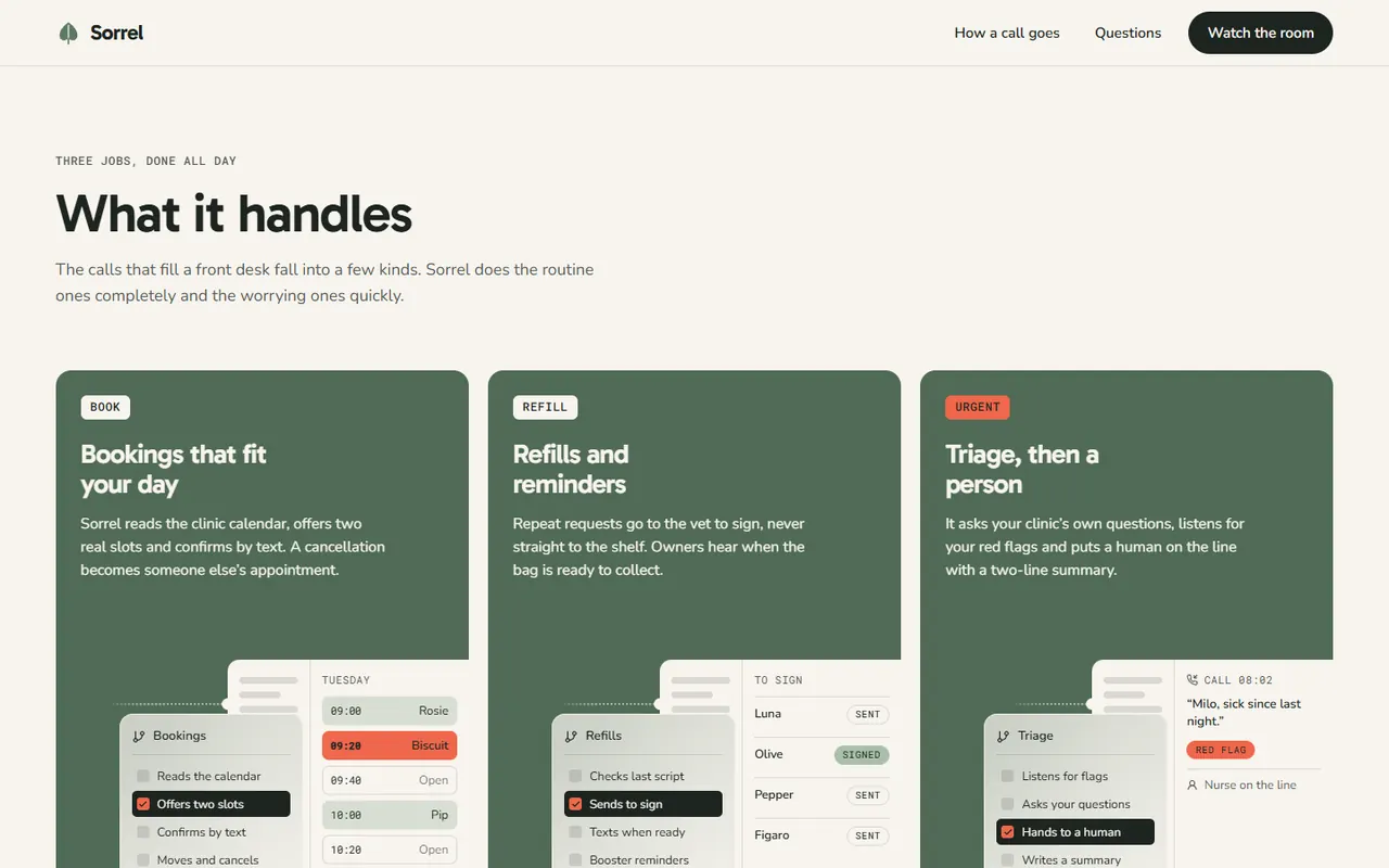 Screenshot of the What it handles section of the Sorrel site