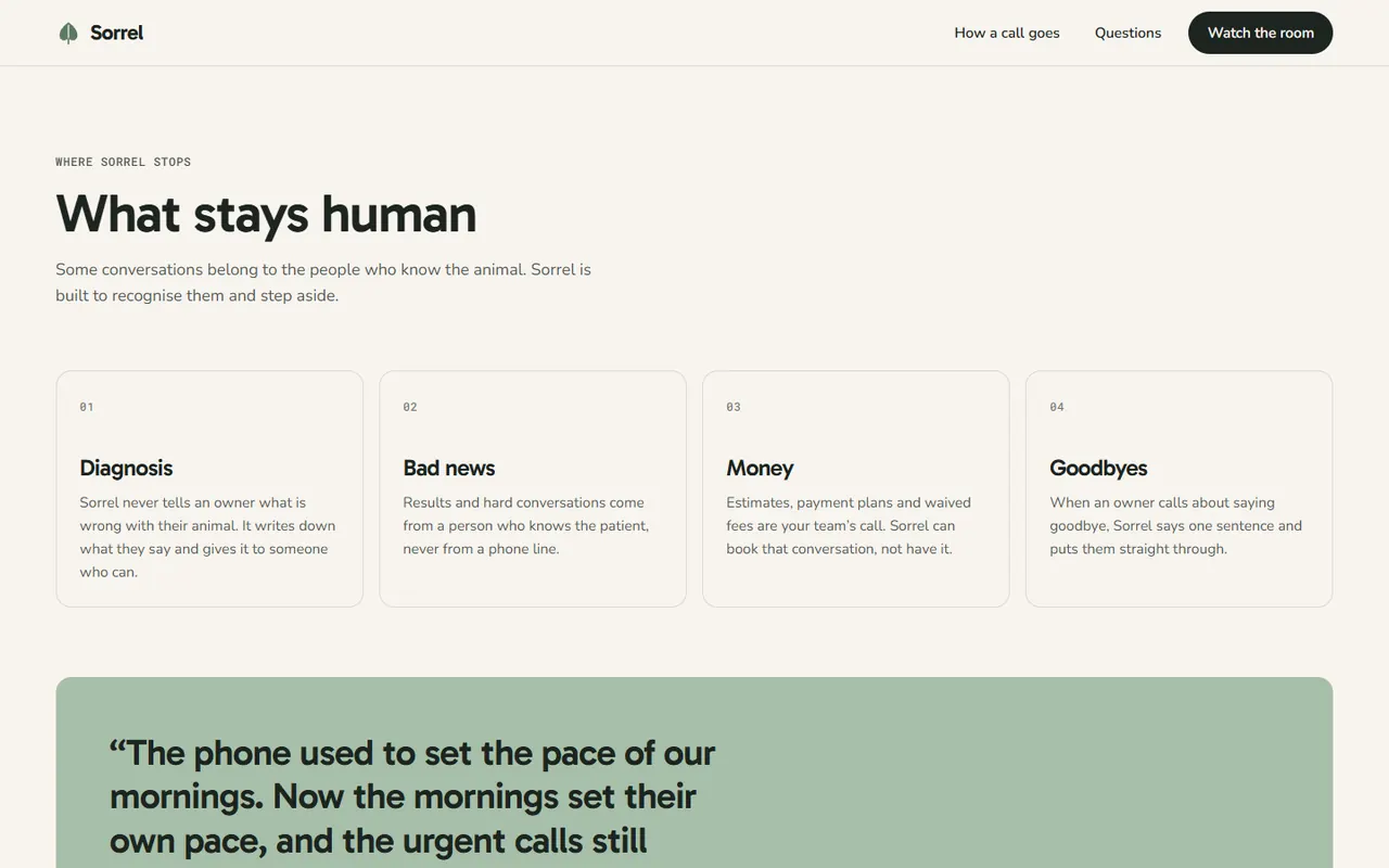 Screenshot of the What stays human section of the Sorrel site