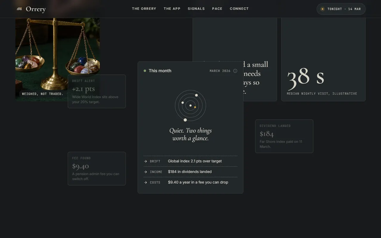 Screenshot of the The app section of the Orrery site