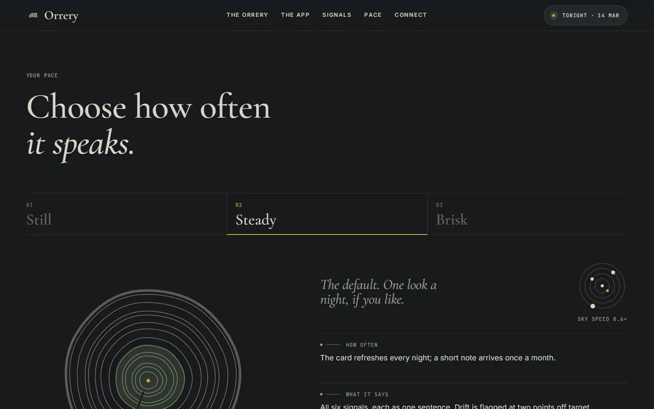 Screenshot of the Your pace section of the Orrery site