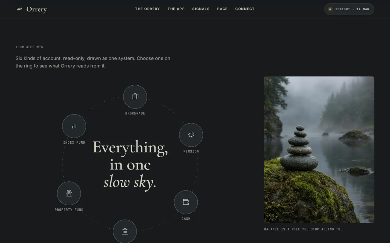 Screenshot of the Your accounts section of the Orrery site