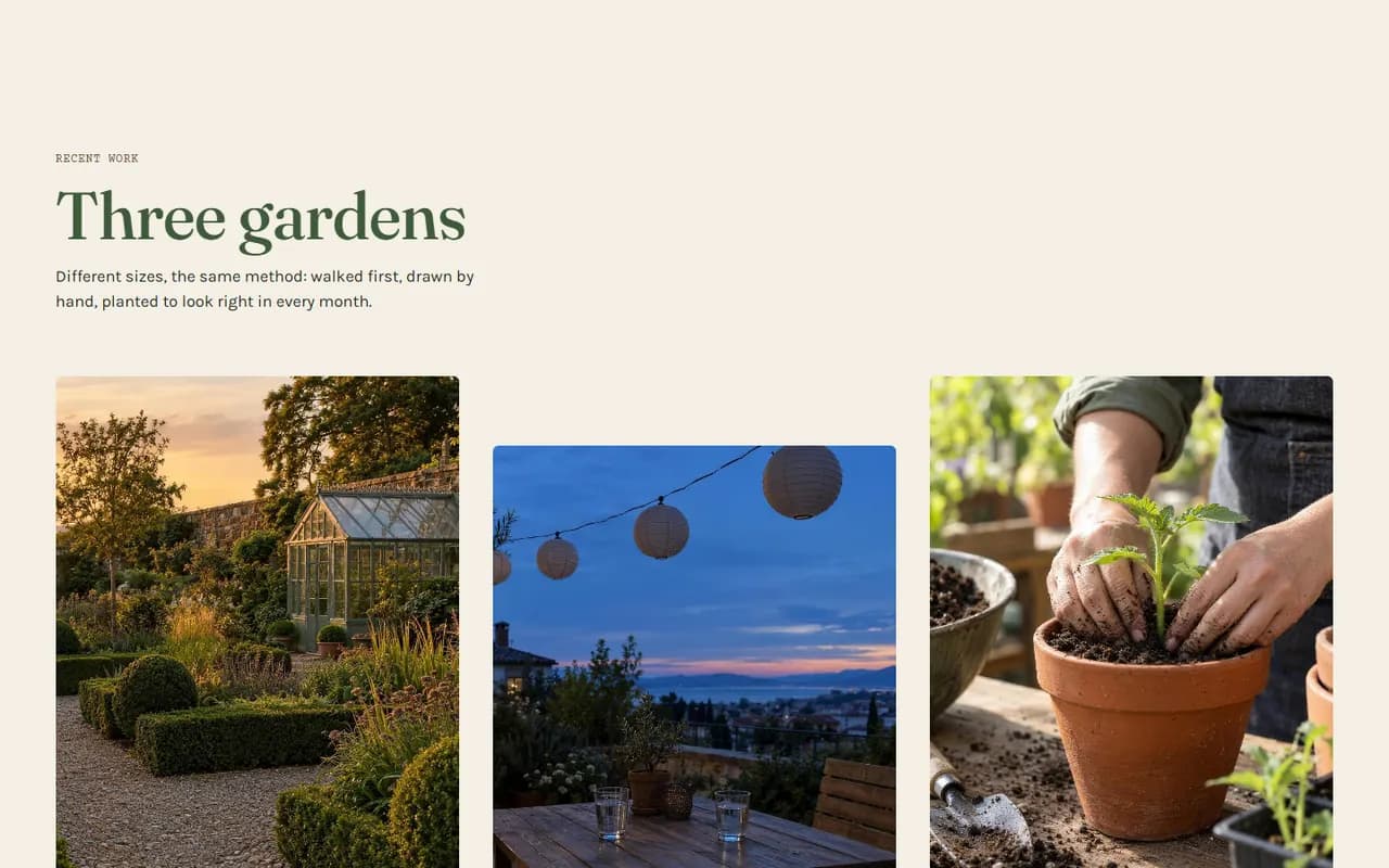Screenshot of the Three gardens section of the Alder site