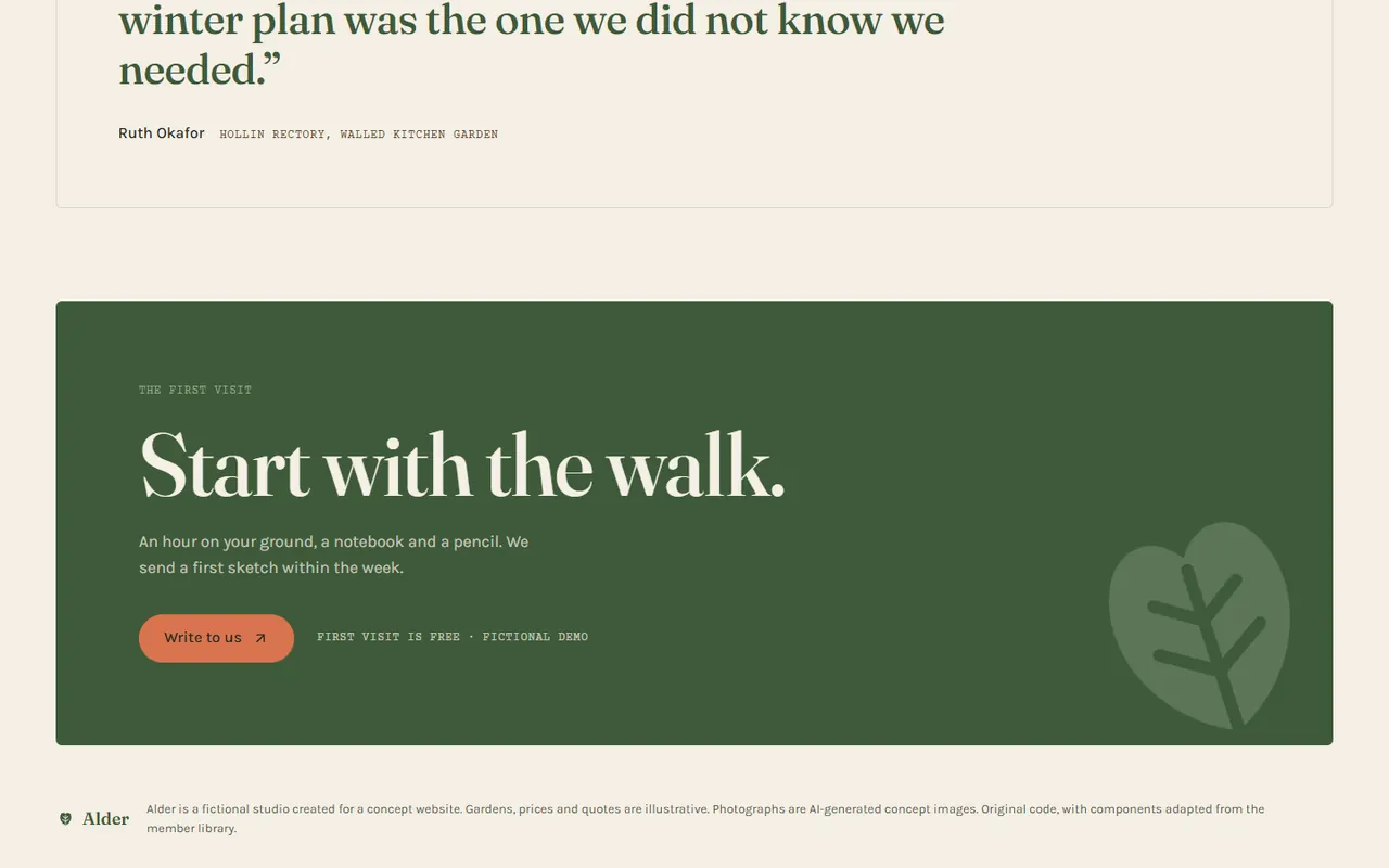Screenshot of the Closing section of the Alder site