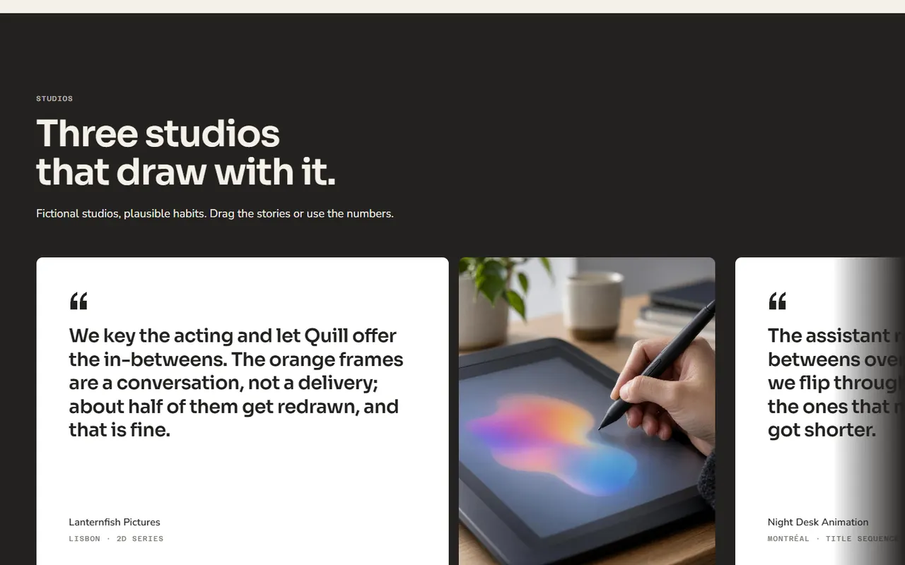 Screenshot of the Studios section of the Quill site