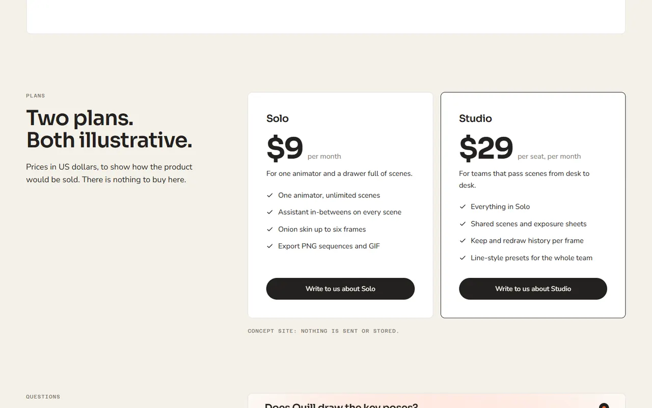 Screenshot of the Plans section of the Quill site
