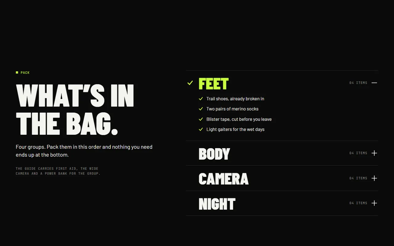 Screenshot of the Pack section of the Uphill site
