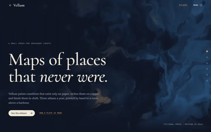 Vellum. Editora de atlas ilustrados, landing dark: loader, hero com shader de tinta em three.js que assenta com o scroll, links com rolagem de letras, menu com wipe circular, galeria com máscaras, três capas em pano, passos de gravura presos ao scroll, cartão inclinado, nav lateral de losangos.